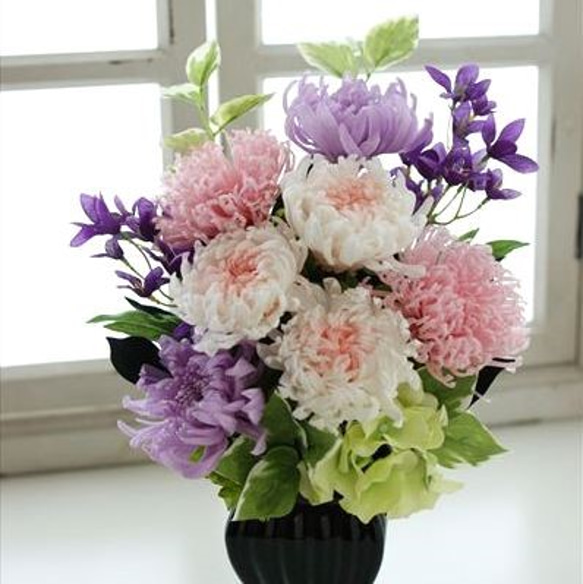 ☆大輪菊3色の仏花Ｌサイズ（ピンク×ラベンダー）お供え花 プリザーブドフラワー 1枚目の画像
