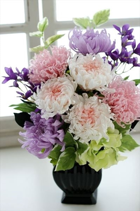 ☆大輪菊3色の仏花Ｌサイズ（ピンク×ラベンダー）お供え花 プリザーブドフラワー 3枚目の画像