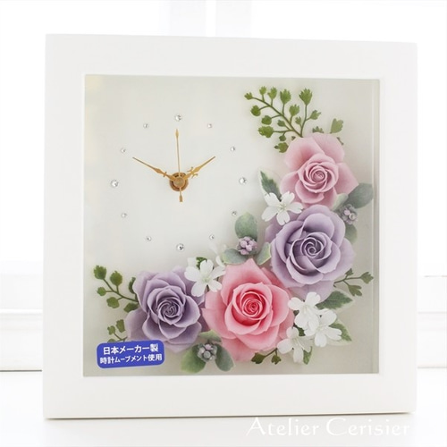 花時計（ピンク＆薄紫）フラワークロック＜プリザーブドフラワー