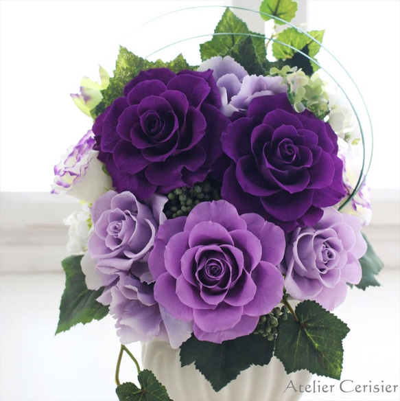 プリザーブドフラワーアレンジメント＜ベル＞紫 パープル【お祝い】喜寿 古希 母の日 2枚目の画像