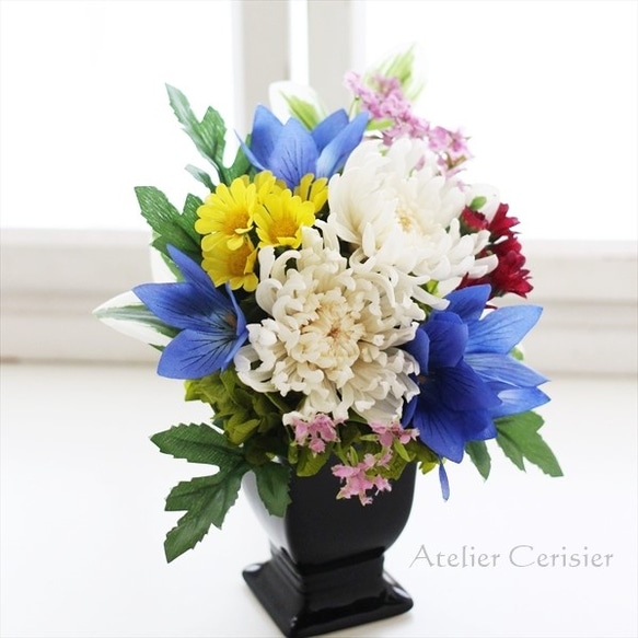 【個数限定割引】大輪白菊と桔梗の仏花 お供え花 プリザーブドフラワー 2枚目の画像