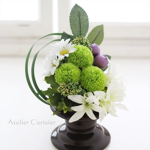 ピンポンマムの仏花Sサイズ（緑菊）お供え花 プリザーブドフラワー