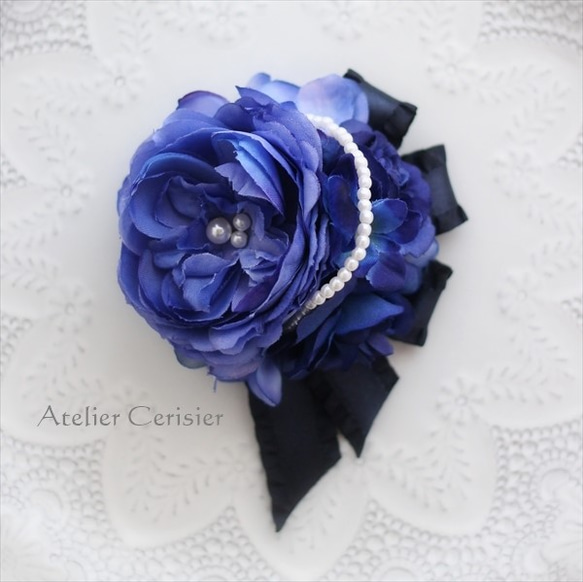 ブルー ローズ コサージュ パール付き ネイビー（青・紺色）＃43 1枚目の画像