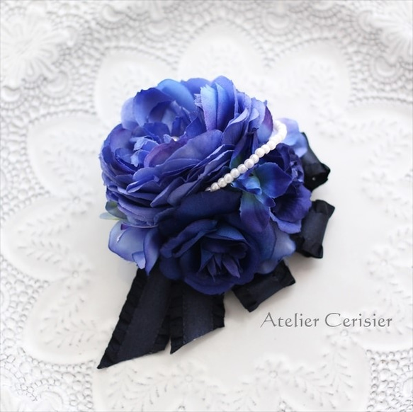ブルー ローズ コサージュ パール付き ネイビー（青・紺色）＃43 2枚目の画像