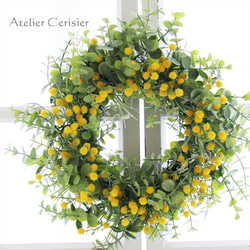 ミモザ リース＜アーティフィシャルフラワー＞ミモザ＆ユーカリ 30センチ 2枚目の画像
