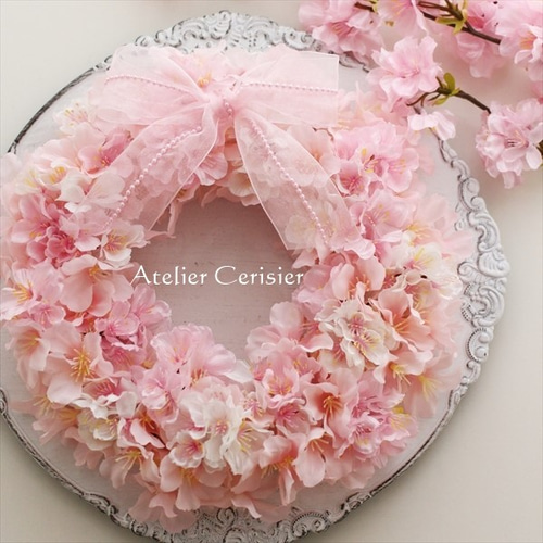 桜 リース オーガンジーリボン＜アーティフィシャルフラワー＞さくら
