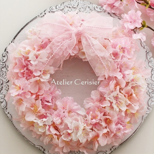 桜 リース オーガンジーリボン＜アーティフィシャルフラワー＞さくら