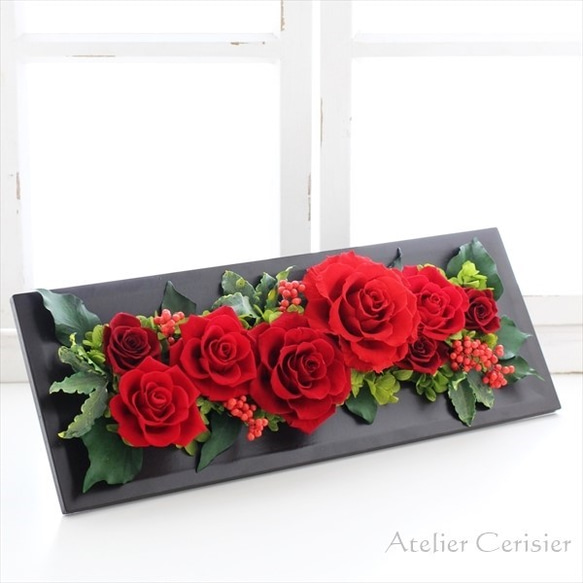 プリザーブドフラワー フレームアレンジメント＜ジャンヌ＞レッド ブラウン４０センチ【還暦祝い】 2枚目の画像