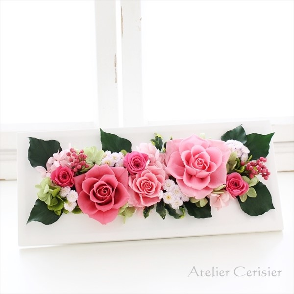 プリザーブドフラワー ＜ジャンヌ Mサイズ＞フレームアレンジメント ピンク ホワイト３０センチ【お祝い】