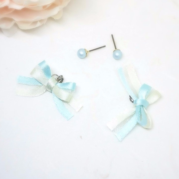 清新空氣感：tiffany blue 蝴蝶結兩用耳環 Fresh Tiffany Blue bow Earrings 第2張的照片