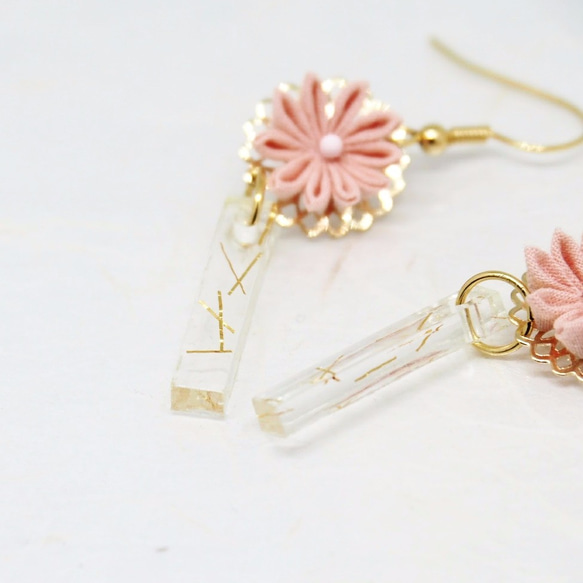 つまみ細工：粉紅劍花寒天金絲 16KGP 耳環 Tsumami Zaiku: Pink Flower Earrings 第2張的照片
