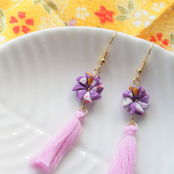 【幸運風車】浪漫紫和柄つまみ細工和風手工布風車流蘇耳環 (可改夾式耳環) 第2張的照片