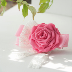 【浪漫薔薇】桃紅玫瑰花兩用髮夾/胸針/扣針 つまみ細工: 日系和風手工布花 第2張的照片