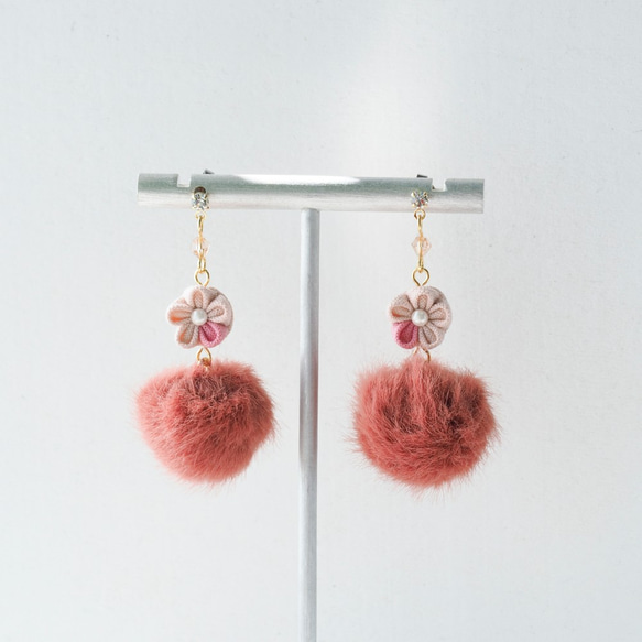 【微甜】乾燥玫瑰色小毛球粉紅花花耳環耳夾 14kgf 925 客製 第2張的照片