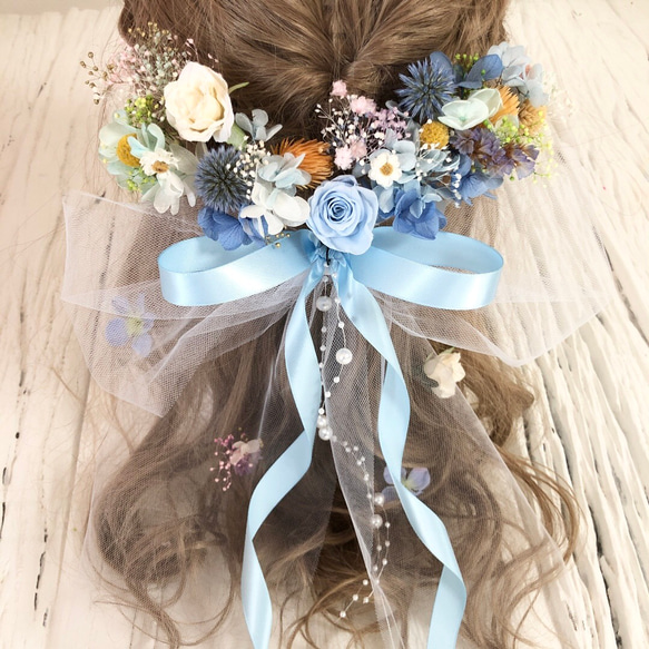 水色×イエロー　髪飾り　ヘッドドレス C7 結婚式 卒業式 成人式 髪飾り ヘッドドレス 青とオレンジ