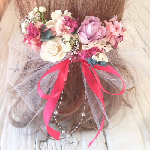 ブーケの様な髪飾り 和装 ビビットピンク ヘッドドレス ヘッドドレス  
