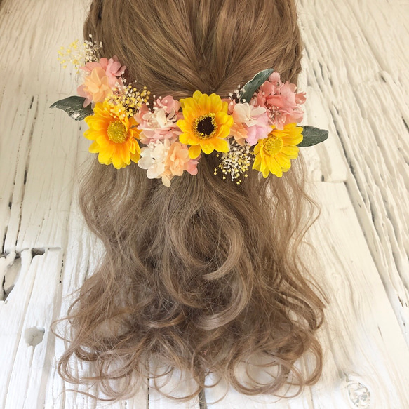 ひまわり 髪飾り ヘッドドレス ピンク オレンジ イエロー ヘッド