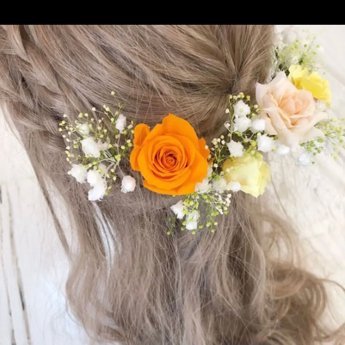 花冠アレンジ　イエロー系　かすみ草　薔薇　髪飾り　ヘッドドレス