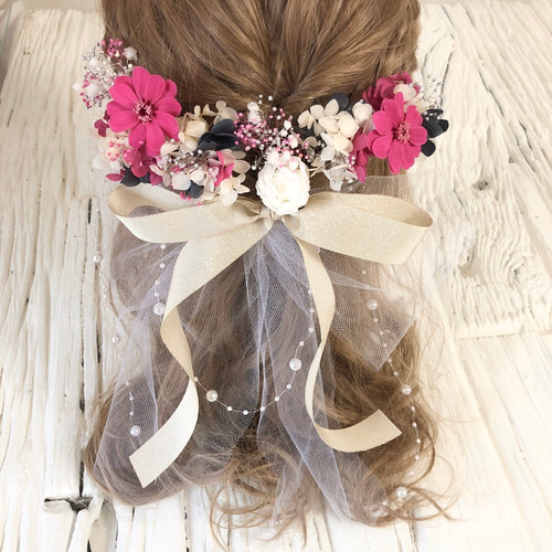 ブーケの様な髪飾り ヘッドドレス エメラルドグリーン×パープル ヘッド