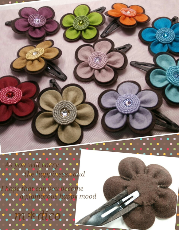 flower chocolate～フェルトのお花のパッチン留め(スリーピン） 3枚目の画像