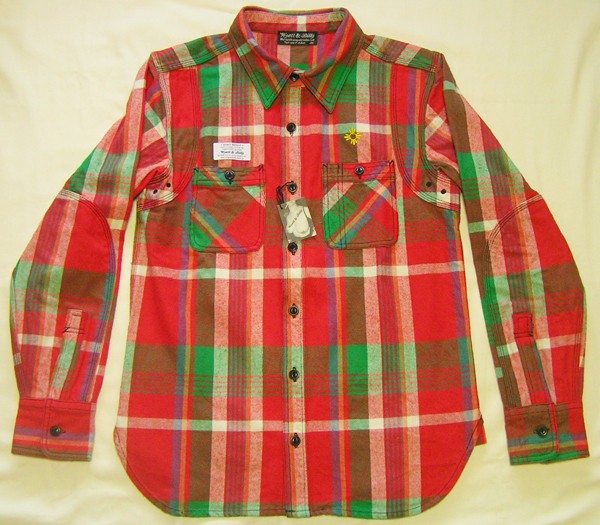 刺繍ヘビーコットンフランネルシャツ　W-13072　SUN　レッド×グリーン　S