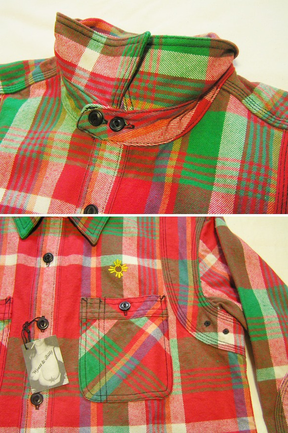 刺繍ヘビーコットンフランネルシャツ　W-13072　SUN　レッド×グリーン　S 3枚目の画像
