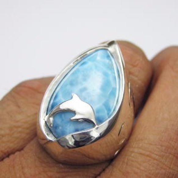 イルカのいる海 本当にいるよ　ハート ラリマー シルバー リング　和彫り 【送料無料】iruka40 いるか ドルフィン 1枚目の画像