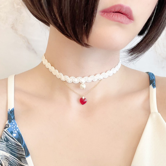 白色：愛在月夜搖曳：棉質珍珠心形頸鍊SV072WH 第12張的照片