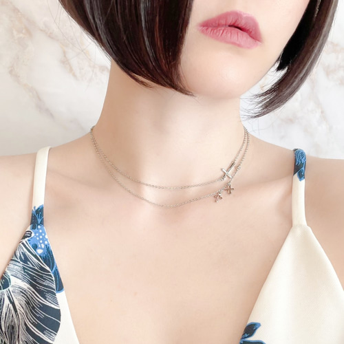 シルバー:Cross My Heart:2連のクロスのチョーカーネックレス シルバー:Cross My Heart:2連のクロスのチョーカーネックレス