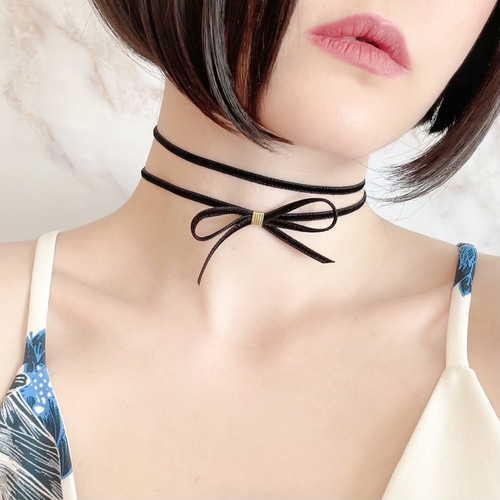 黒：2連のベルベットリボンチョーカー SV138BK チョーカー MAY：Sugar