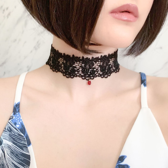 好人項鍊：黑色蕾絲+紅色水滴choker choker SV052 第5張的照片