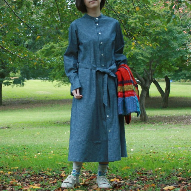 オーガニックコットンインディゴ　スラブダンガリー　ロングカフス　シャツワンピ OP-218
