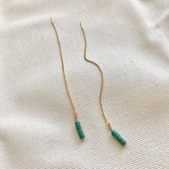14KGF Simple tube turqoise beads american chain earrings. 第2張的照片
