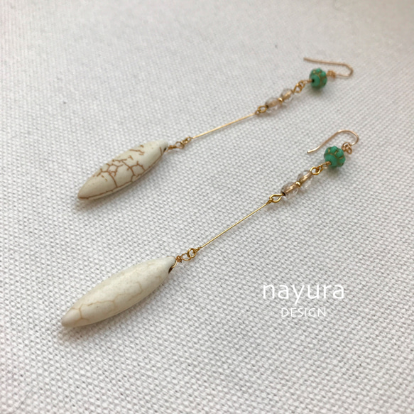 14KGF Czech beads + magnesite marquise long earrings 第2張的照片