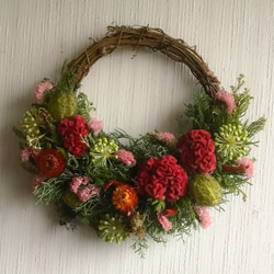 レッド系のナチュラルドライフラワーハーフリース！AtelierKouan