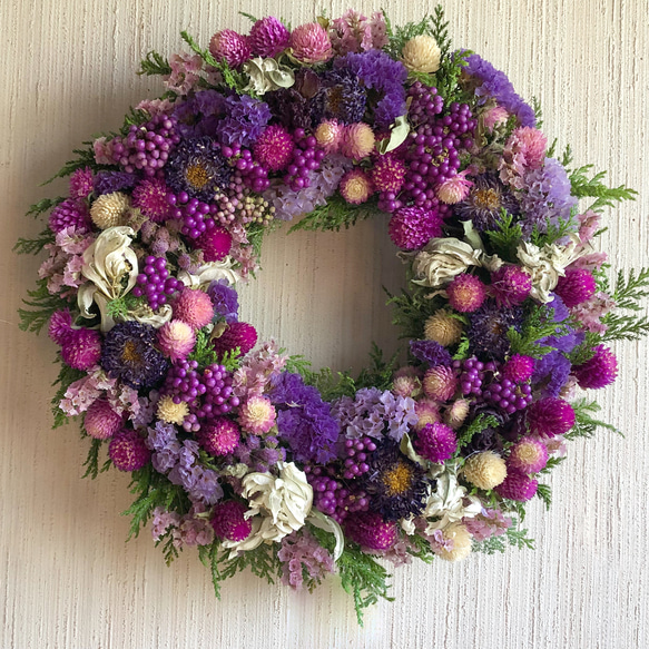 ナチュラルガーデンリース　パープルカラー　ドライフラワーリース 小さいラプンツェルカラーのローズリース ナチュラルリース オール