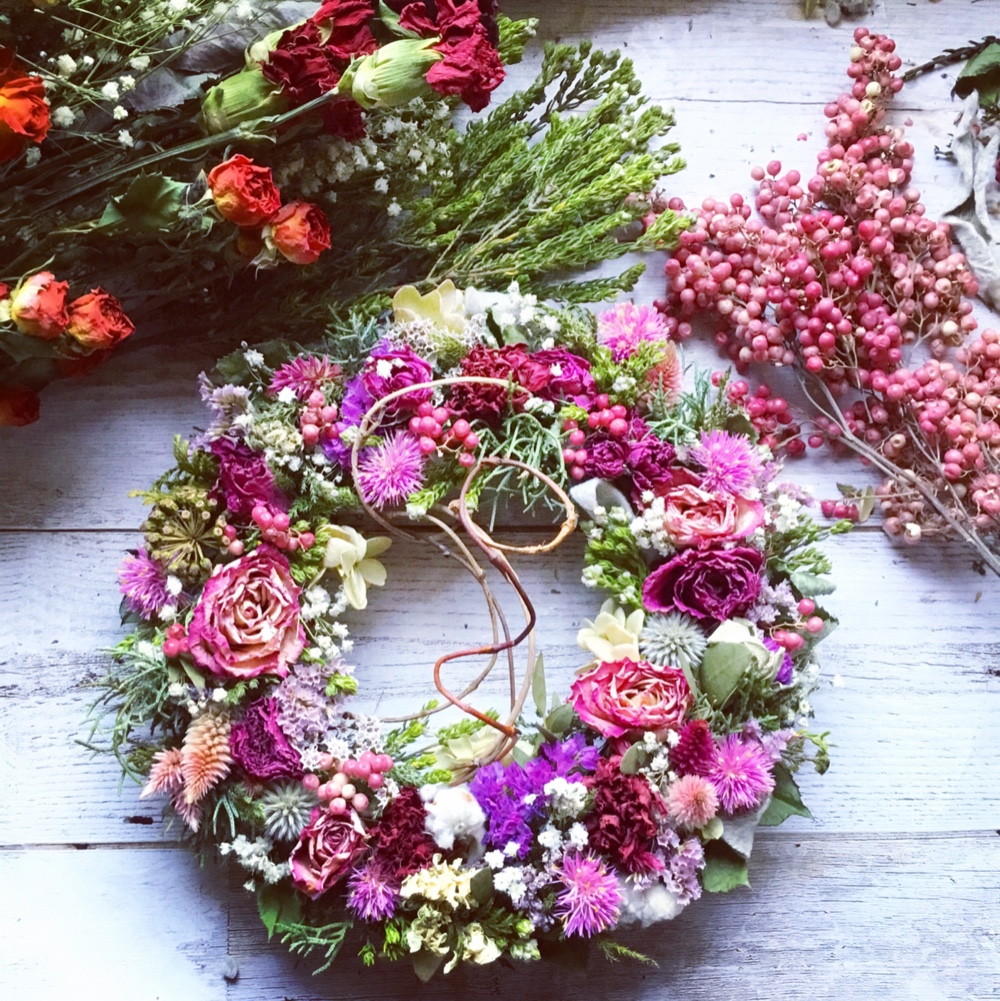 ＊ Natural＊ミモザとピンクカラーのリース＊ドライフラワーリース