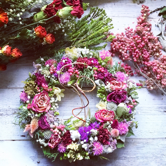 ＊Natural＊バラのピンクリース♡ドライフラワーリース ピンク薔薇のナチュラルドライフラワーリース！Atelier Kouan