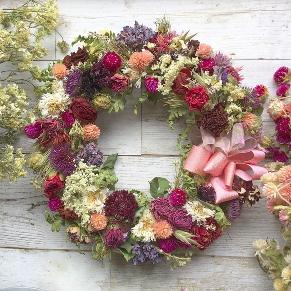 スモークツリー とピンクハーフリース　バラ　千日紅　貝細工　ドライフラワー スモークツリー とピンクハーフリース バラ 千日紅 貝細工 ドライ