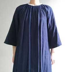 <creema限定>Ruffled collar  onepiece　double gause 濃紺 2枚目の画像