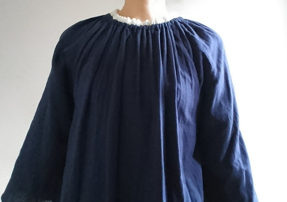 <creema限定>Ruffled collar  onepiece　double gause 濃紺 4枚目の画像