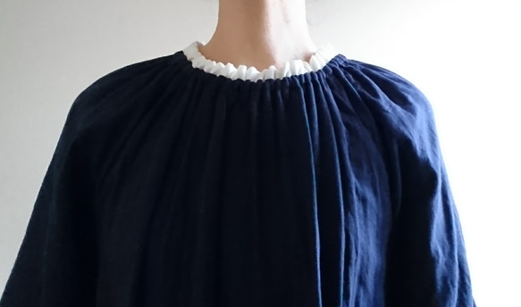 <creema限定>Ruffled collar  onepiece　double gause 濃紺 5枚目の画像