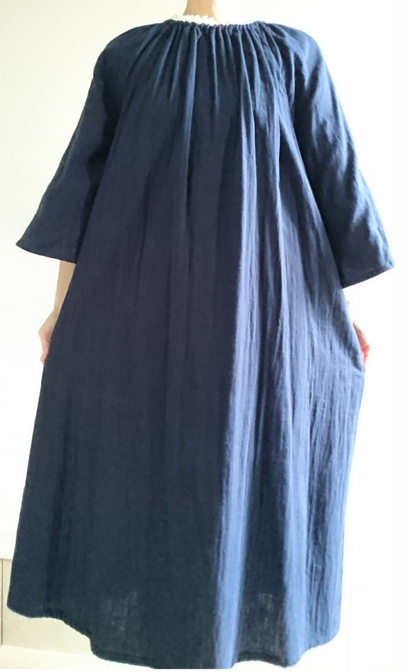 <creema限定>Ruffled collar  onepiece　double gause 濃紺 6枚目の画像