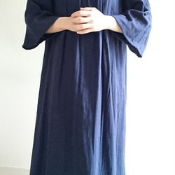 <creema限定>Ruffled collar  onepiece　double gause 濃紺 8枚目の画像