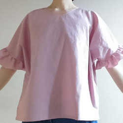 <creema限定>ヒラヒラ袖でほっそり華奢みえ❤️ハーフリネンの着回せるプルオーバー　 桜色 2枚目の画像