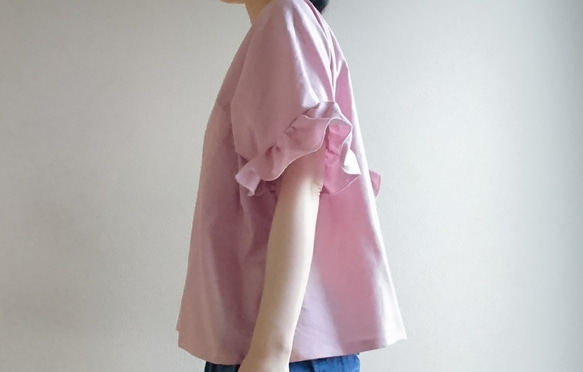 <creema限定>ヒラヒラ袖でほっそり華奢みえ❤️ハーフリネンの着回せるプルオーバー　 桜色 3枚目の画像