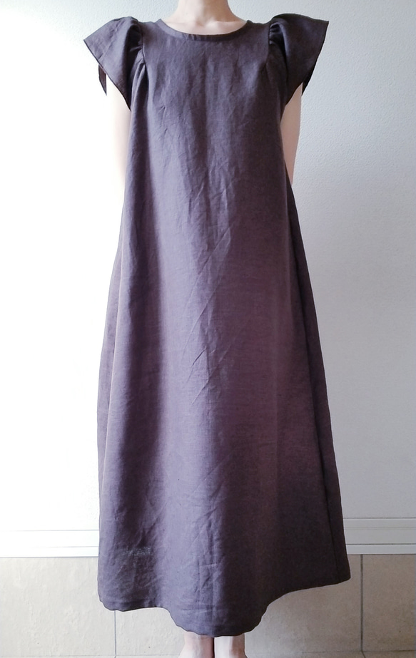 <creema限定> Flare sleeve onepiece Japanese linen 赤墨 3枚目の画像