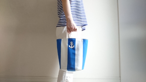 ＜北欧＞　anchor striped totebag　marine blue  =simple style= 1枚目の画像