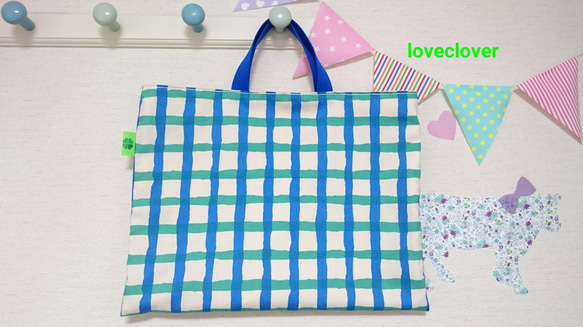 Gingham check レッスンバッグ  blue&green ☆simple style☆ 1枚目の画像