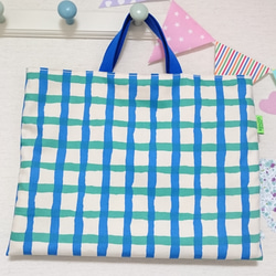 Gingham check レッスンバッグ  blue&green ☆simple style☆ 2枚目の画像